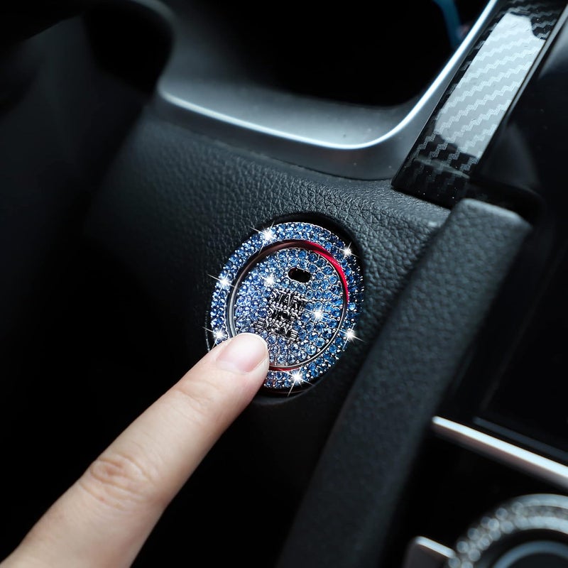 TOMALL غطاء زر بدء تشغيل محرك السيارة بتصميم ماسي كريستالي لامع ملصق حلقة بدء التشغيل ملحقات لامعة زر الإشعال شعار زينة عالمي (أزرق) - Image 4